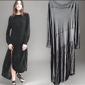 Free People Beach NWOT Jilly Linen Blend Tiered Black Oversized Midi Dress, XS